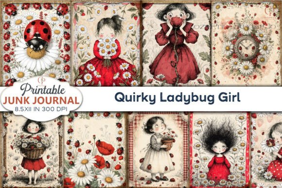Quirky Ladybug Girl Junk Journal Pages: A Whimsical Digital Asset